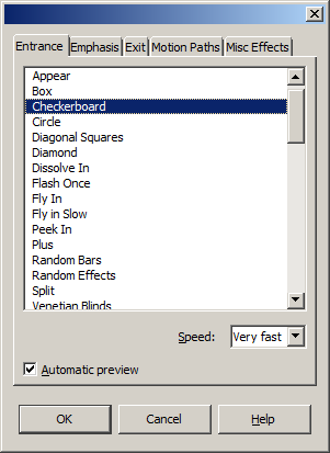 Impressin Custom Animation vaihtoehdot