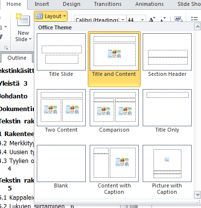 Powerpointin layout-listaus