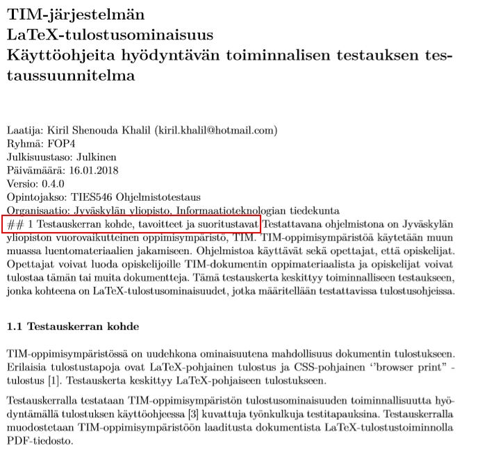 Kuva 2. Otsikko tulostunut virheellisesti.