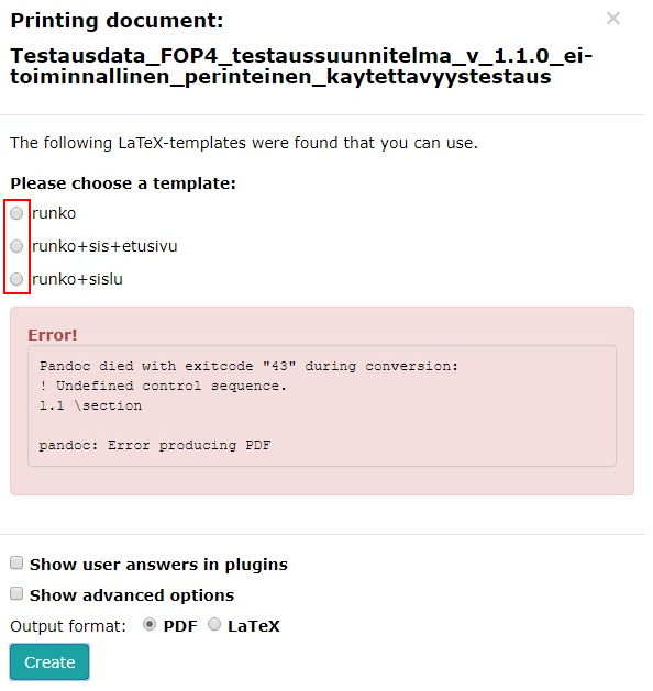 Kuva 1. Tulostusikkunan virheilmoitus.