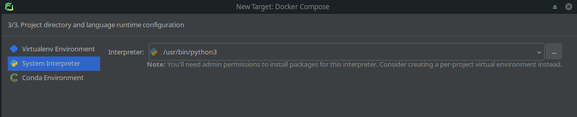 Tulkin valinta tim-kontista. PyCharm valitsee yleensä oikean polun.